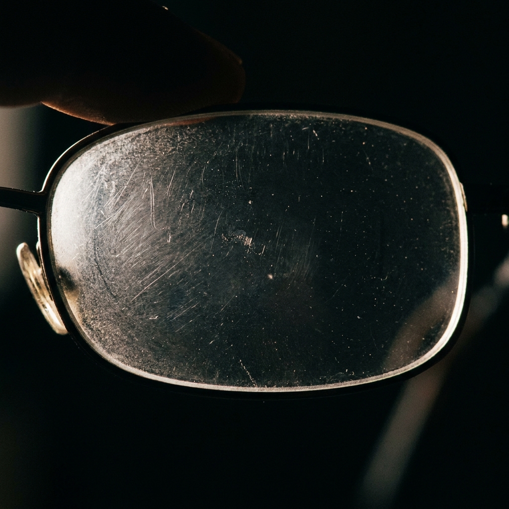 Cristal de gafas rayado en primer plano, detalle de los arañazos
