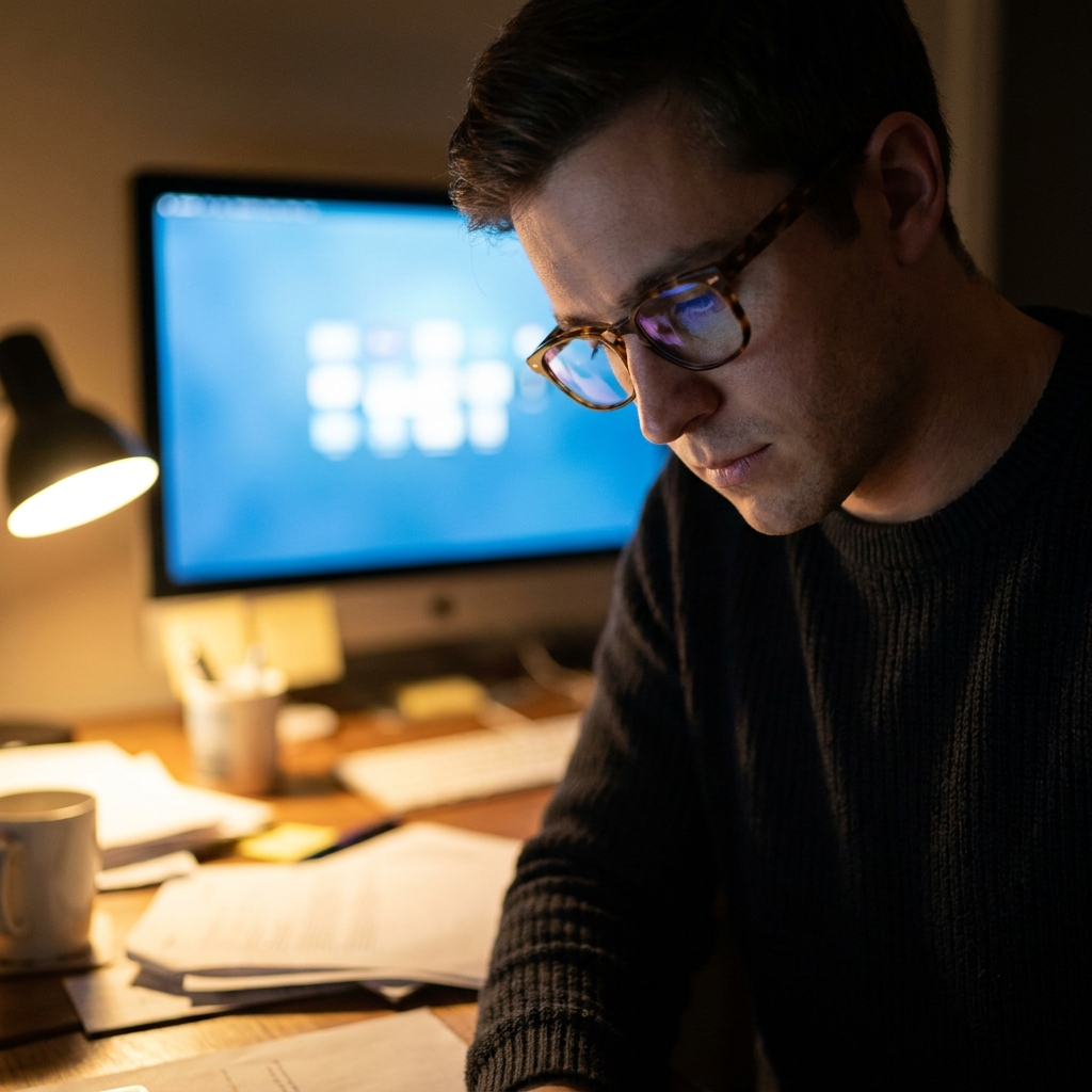 Persona trabajando de noche con gafas y filtro de luz azul frente al ordenador